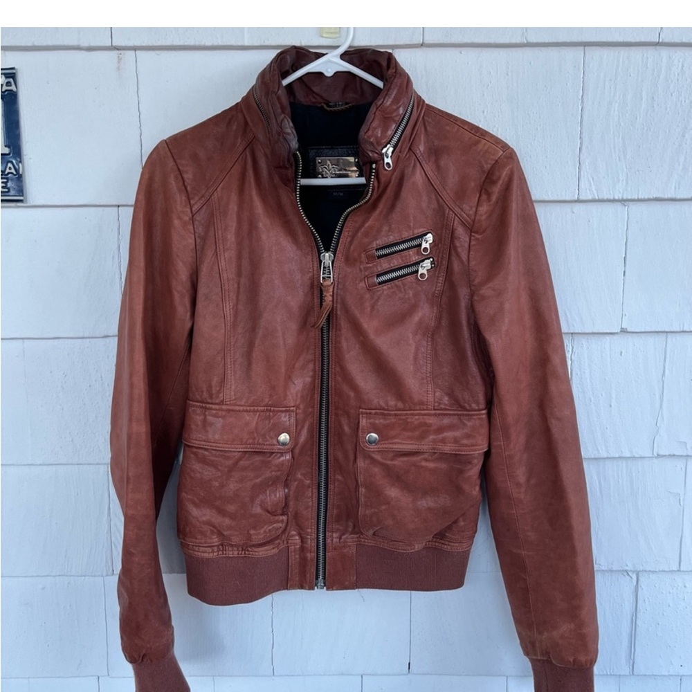 Mackage Moto Lamb Leather Concealed Hood Brown Jacket size Medium